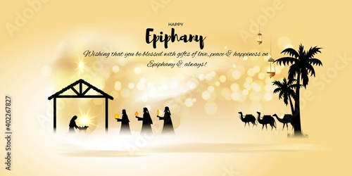Vector illustration of Epiphany concept greeting. Christian feast day, three wise men on camel, bright star, nativity of Jesus, bokeh background.