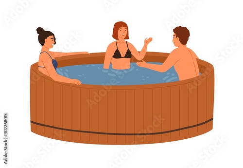 Smiling friends talking and bathing at wooden pool or hot tub together vector flat illustration. Group of people in swimwear relaxing at public spring bath isolated on white. Spa wellness procedure
