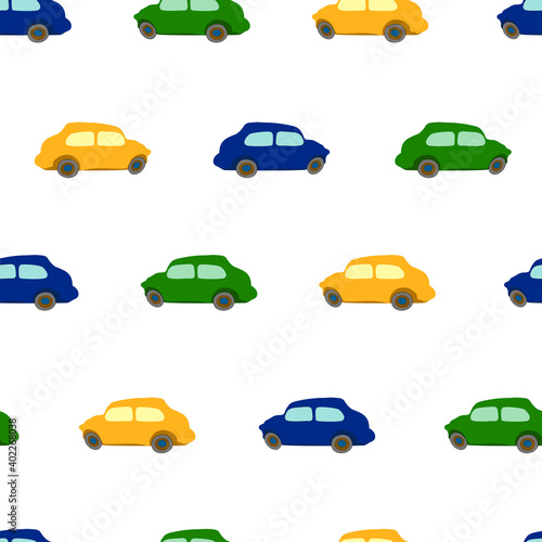 Seamless pattern with colorful ffunny vintage cars on white background, vector eps 10