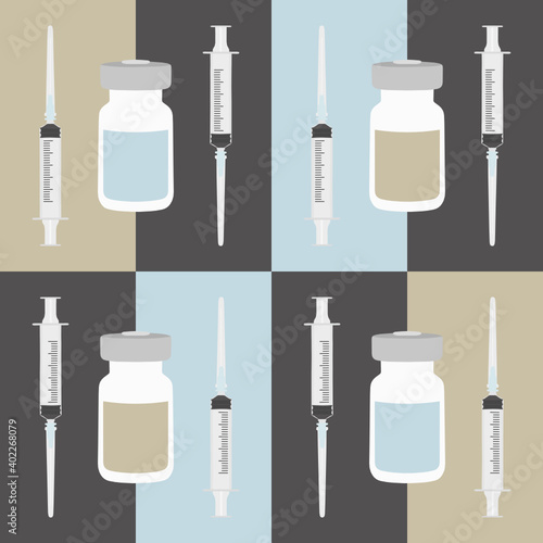 Seamless medical background with syringes and vaccine vials. Concept for healthcare and medicine symbol.