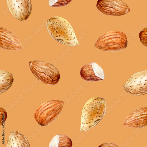 Watercolor seamless pattern almond on color background
