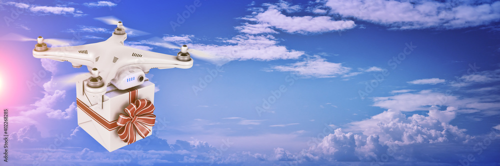 Drone with the gift, delivery concept. 3d rendering	