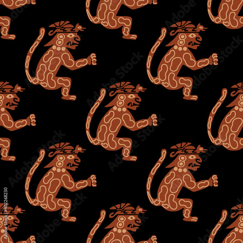 Seamless geometrical pattern with fantastic monster creatures. Ethnic style. Based on ancient Peruvian Moche art. Mochica culture. Indians of Peru.