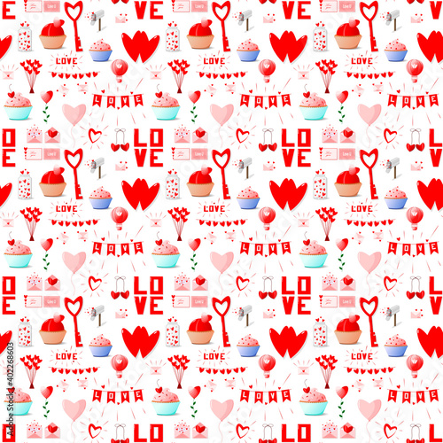 Seamless pattern for Valentine's Day with hearts, flowers, flags, inscriptions, envelopes
