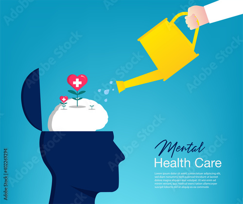 Hand watering brain plant concept. Mental health care symbol vector illustration