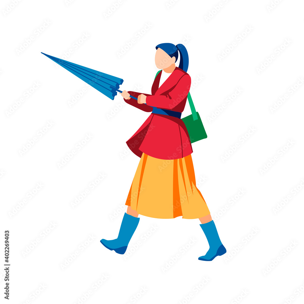 Young woman opening umbrella in rain. Autumn or spring season, rainy windy weather. Girl in fashionable clothes walking on nature with umbrella flat vector illustration