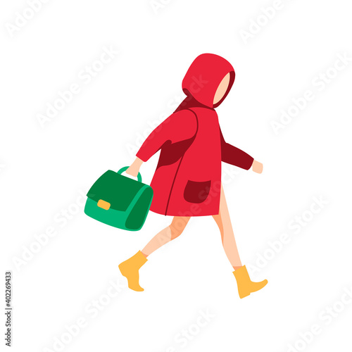 Girl in red raincoat walking with bag. Autumn or spring season, rainy weather concept. Side view of teenage girl walking on nature flat vector illustration