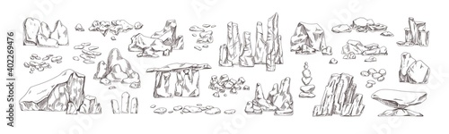 Collection of different hand drawn stones and geological rocks vector illustration in monochrome detailed style. Set of pebble and cobblestone various shapes isolated on white background
