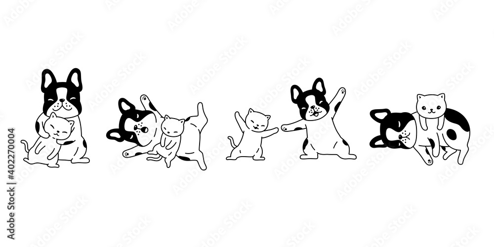 dog cat french bulldog vector kitten calico icon pet cartoon character symbol scarf illustration doodle design - obrazy, fototapety, plakaty 