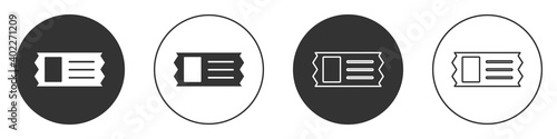 Black Cinema ticket icon isolated on white background. Circle button. Vector Illustration.