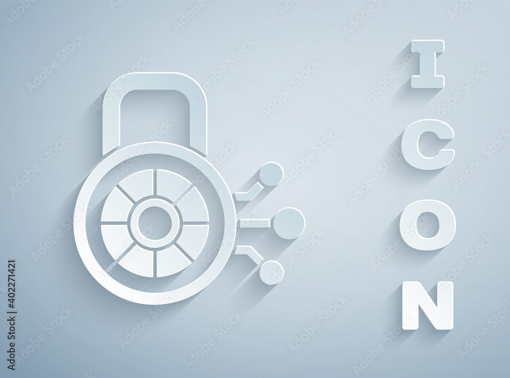 Paper cut Cyber security icon isolated on grey background. Closed padlock on digital circuit board. Safety concept. Digital data protection. Paper art style. Vector.