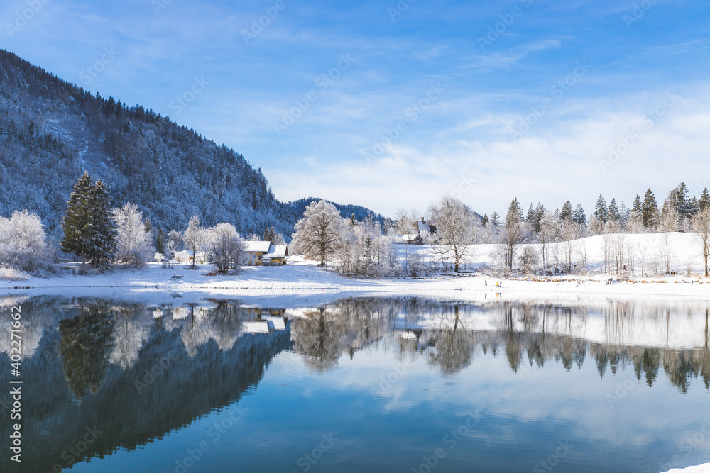 Sunny winter landscape in the alps: Lake Hintersee in Salzburg, snowy trees and mountains