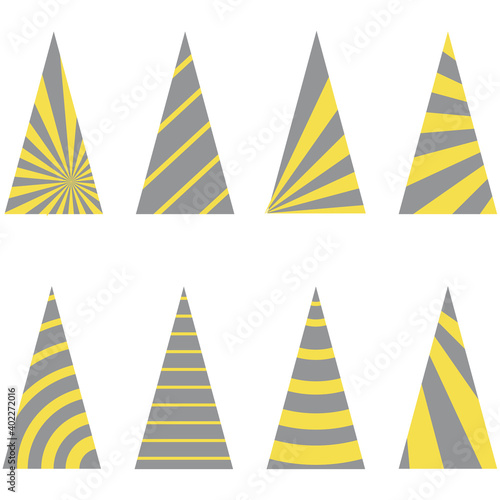 Vector set of line Christmas trees yellow and grey  pines for greeting card  invitation banner  web. New Years and xmas traditional symbol tree with garlands. Winter holiday. Icons collection