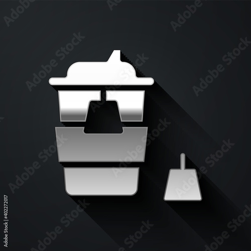 Silver Coffee cup to go icon isolated on black background. Long shadow style. Vector.