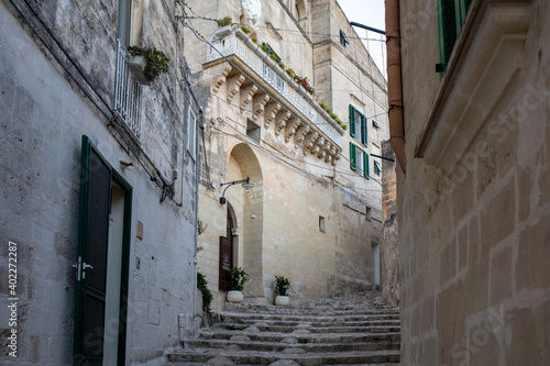  Cobblestone street in the Sassi di Matera a historic district in the city of Matera. Basilicata. Italy © wjarek
