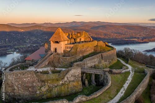 Tableau sur toile Hungary - The historical Visegrad Castle near Danube river from drone view at su