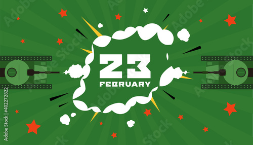 23 February. Green card design with two tanks. Russian celebrate. Tank battle.