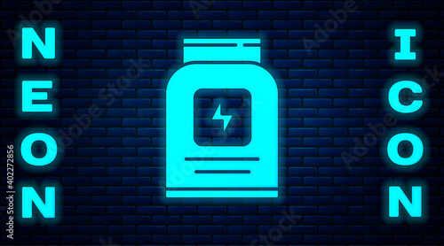 Glowing neon Sports nutrition bodybuilding proteine power drink and food icon isolated on brick wall background. Vector.