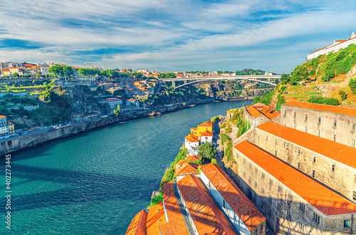Canvas Print Aerial panoramic view of Porto Oporto city with Infante Dom Henrique Bridge pont