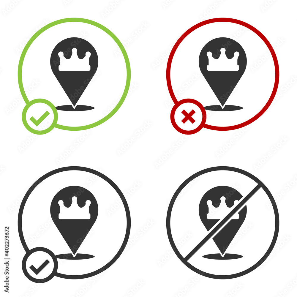 Black Location king crown icon isolated on white background. Circle button. Vector. Black Location king crown icon isolated on white background. Circle button. Vector.