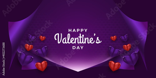 Happy Valentine's day greeting banner or poster with 3d hearts and open gift wrap paper on dark background. Promotion and shopping template for Valentine's day