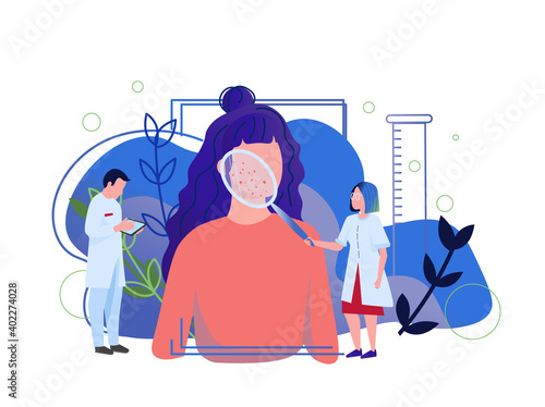 Skin care, dermatology and treatment concept flat vector illustration. Young cartoon woman with bad skin problem: acne, pimples, blackheads. Face mask, cream. Teenager problematic skin research.