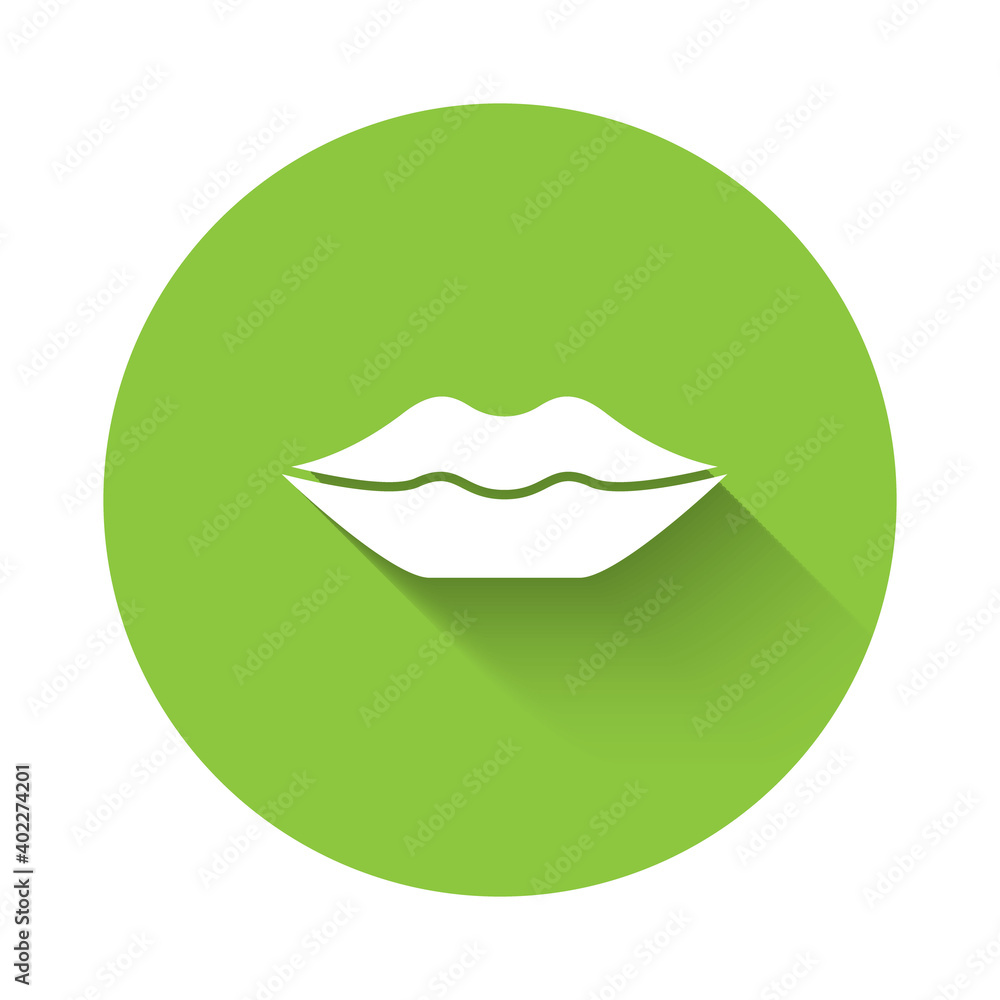 White Smiling lips icon isolated with long shadow. Smile symbol. Green circle button. Vector. White Smiling lips icon isolated with long shadow. Smile symbol. Green circle button. Vector.