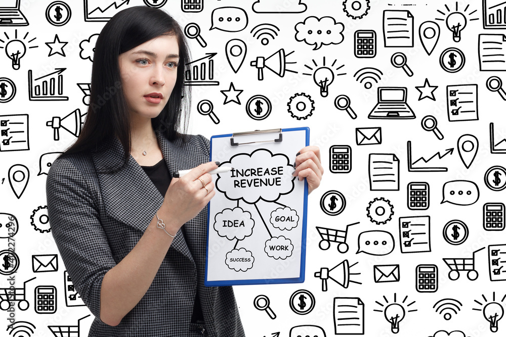 Business, technology, internet and network concept. Young businessman thinks over the steps for successful growth: Increase revenue Business, technology, internet and network concept. Young businessman thinks over the steps for successful growth: Increase revenue