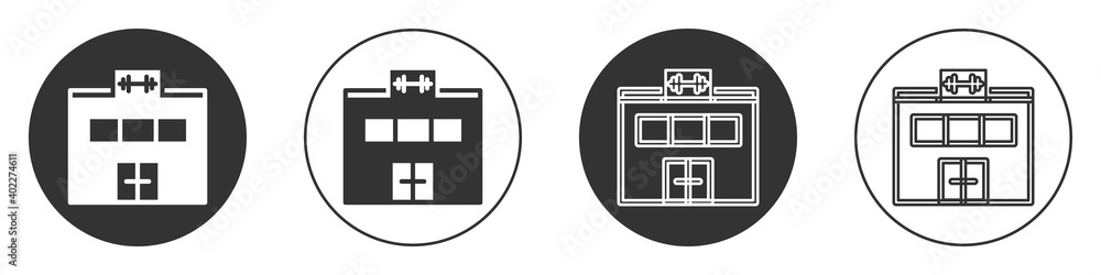 Black Gym building icon isolated on white background. Sport club. Circle button. Vector.