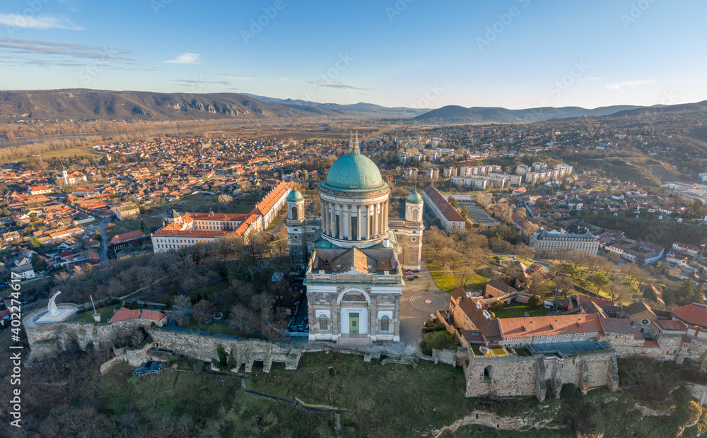 Hungary - Historical Basilica of Esztergom from drone view near Danube river