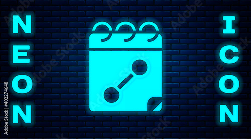 Glowing neon Calendar fitness icon isolated on brick wall background. Training schedule. Vector.