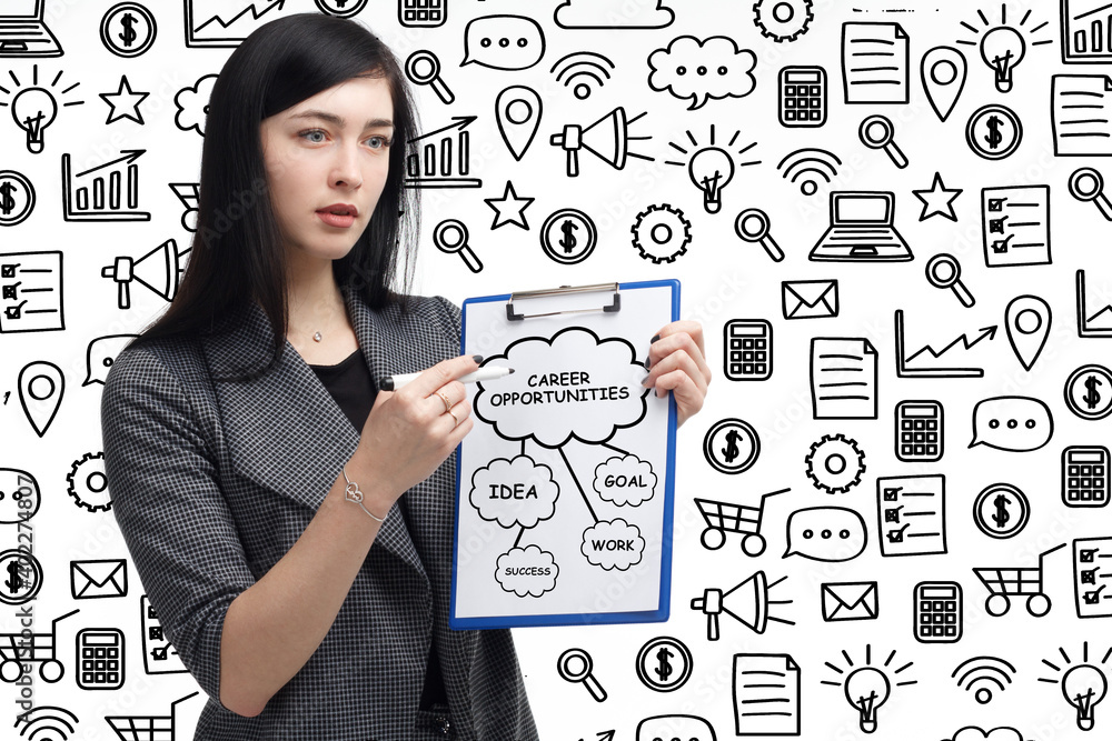 Business, technology, internet and network concept. Young businessman thinks over the steps for successful growth: Career opportunities Business, technology, internet and network concept. Young businessman thinks over the steps for successful growth: Career opportunities