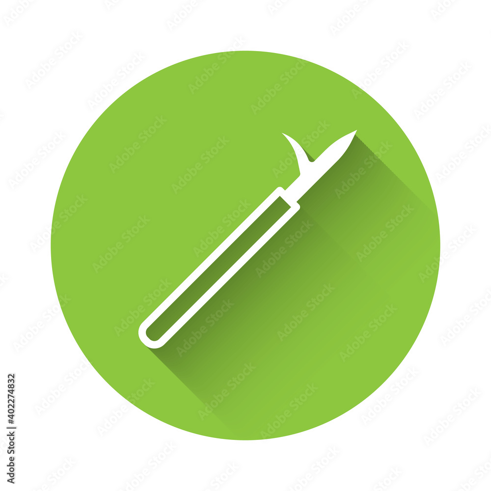 White Metal pike pole with wooden handle icon isolated with long shadow. Spear, pickaxe, hook hand extinguishing instrument and tool for fireman. Green circle button. Vector. White Metal pike pole with wooden handle icon isolated with long shadow. Spear, pickaxe, hook hand extinguishing instrument and tool for fireman. Green circle button. Vector.