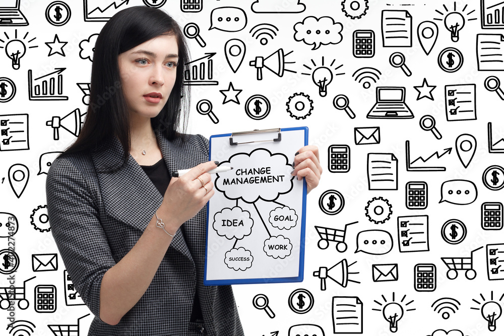 Business, technology, internet and network concept. Young businessman thinks over the steps for successful growth: Change management Business, technology, internet and network concept. Young businessman thinks over the steps for successful growth: Change management