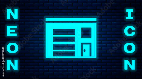 Glowing neon Building of fire station icon isolated on brick wall background. Fire department building. Vector.