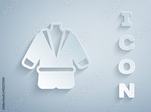 Paper cut Bathrobe icon isolated on grey background. Paper art style. Vector.