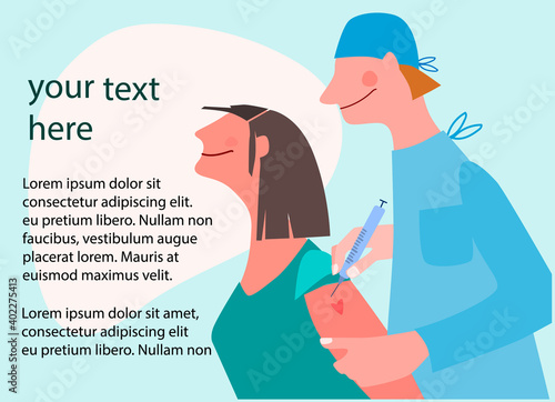 Vaccination time concept. Stop coronavirus concept. Doctor inoculates female patient, making vaccine injection in shoulder. Vector illustration with place for text. Banner, poster,social media post