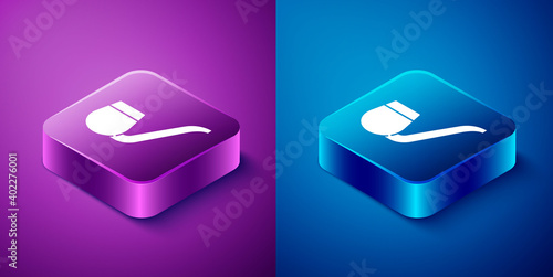 Isometric Smoking pipe with smoke icon isolated on blue and purple background. Tobacco pipe. Square button. Vector.