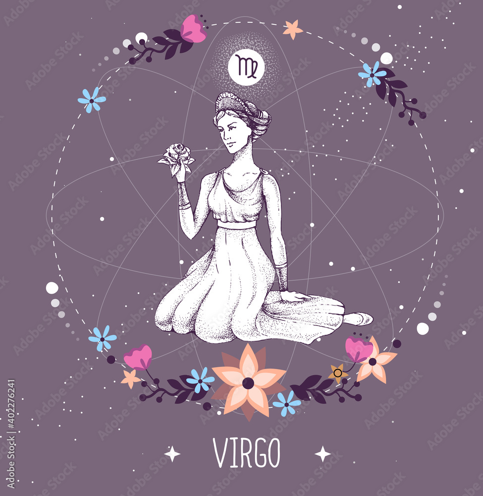 Modern magic witchcraft card with astrology Virgo zodiac sign.