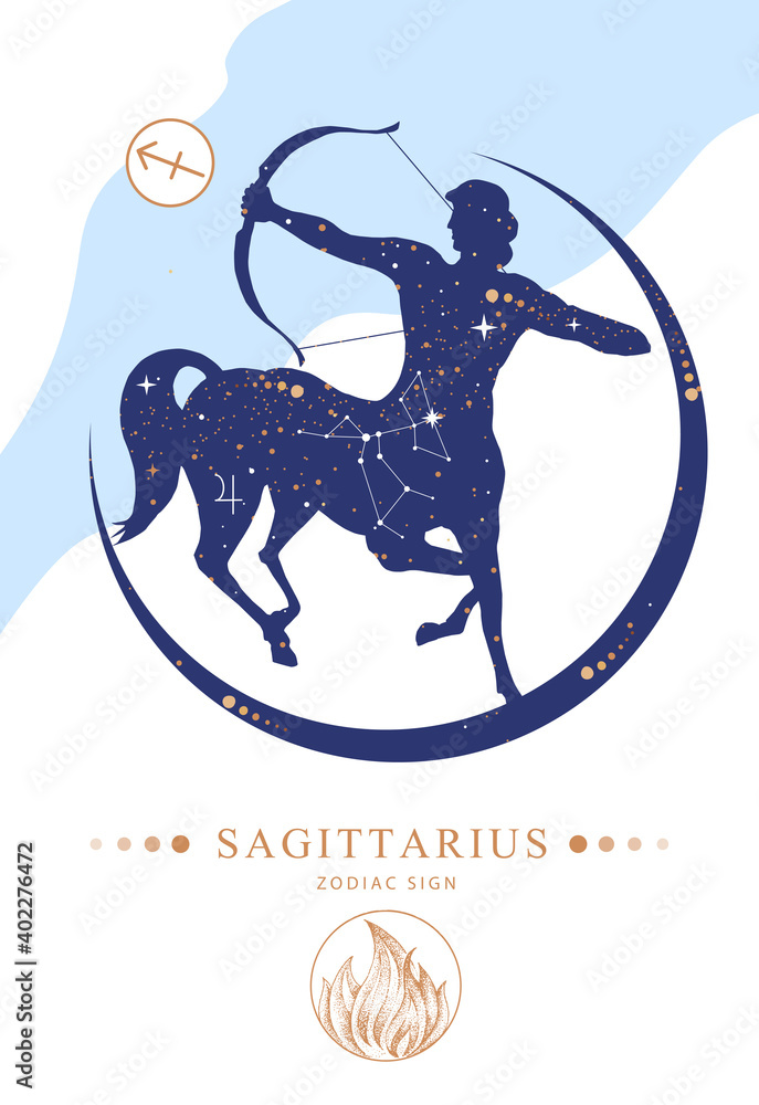 Modern magic witchcraft card with astrology Sagittarius zodiac sign.  Silhouette of centaur with Bow and arrow. Zodiac characteristic Stock  Vector | Adobe Stock