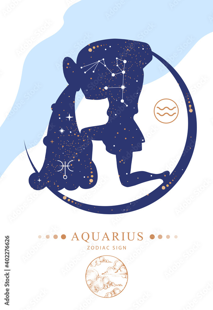 Fototapeta Modern magic witchcraft card with astrology Aquarius zodiac sign
