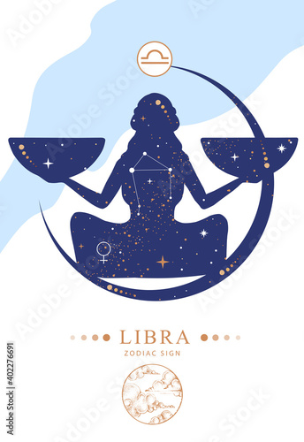 Photo Modern magic witchcraft card with astrology Libra zodiac sign