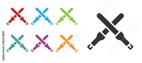 Black Marshalling wands for the aircraft icon isolated on white background. Marshaller communicated with pilot before and after flight. Set icons colorful. Vector.