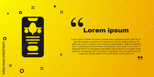 Black Smartphone with electronic boarding pass airline ticket icon isolated on yellow background. Passenger plane mobile ticket for web and app. Vector.
