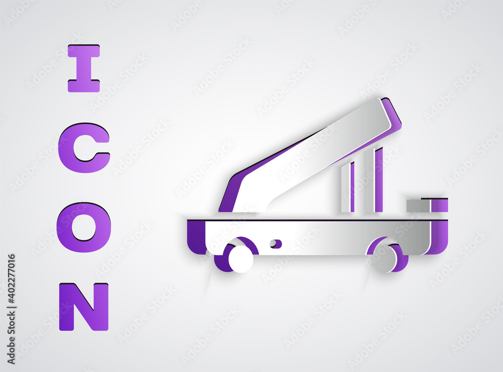 Paper cut Passenger ladder for plane boarding icon isolated on grey background. Airport stair travel. Paper art style. Vector. Paper cut Passenger ladder for plane boarding icon isolated on grey background. Airport stair travel. Paper art style. Vector.