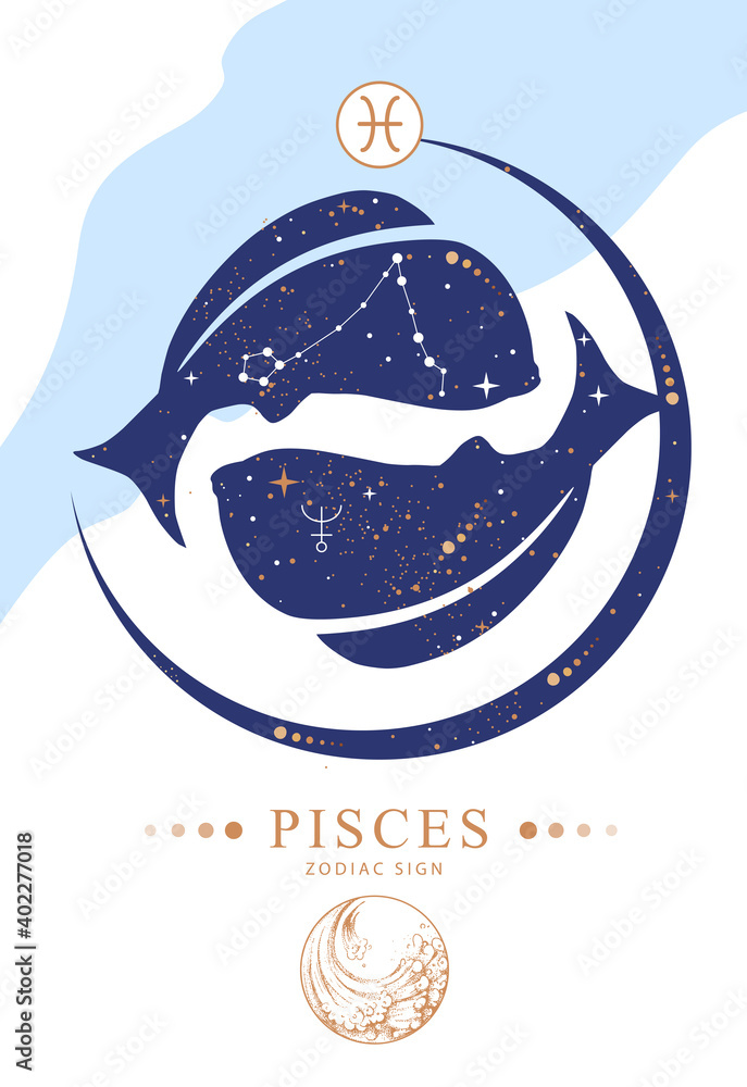 Modern magic witchcraft card with astrology Pisces zodiac sign. Zodiac characteristic Modern magic witchcraft card with astrology Pisces zodiac sign. Zodiac characteristic