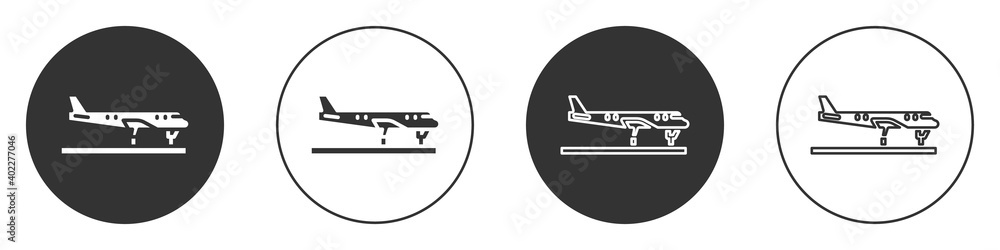Black Plane icon isolated on white background. Flying airplane icon. Airliner sign. Circle button. Vector. Black Plane icon isolated on white background. Flying airplane icon. Airliner sign. Circle button. Vector.