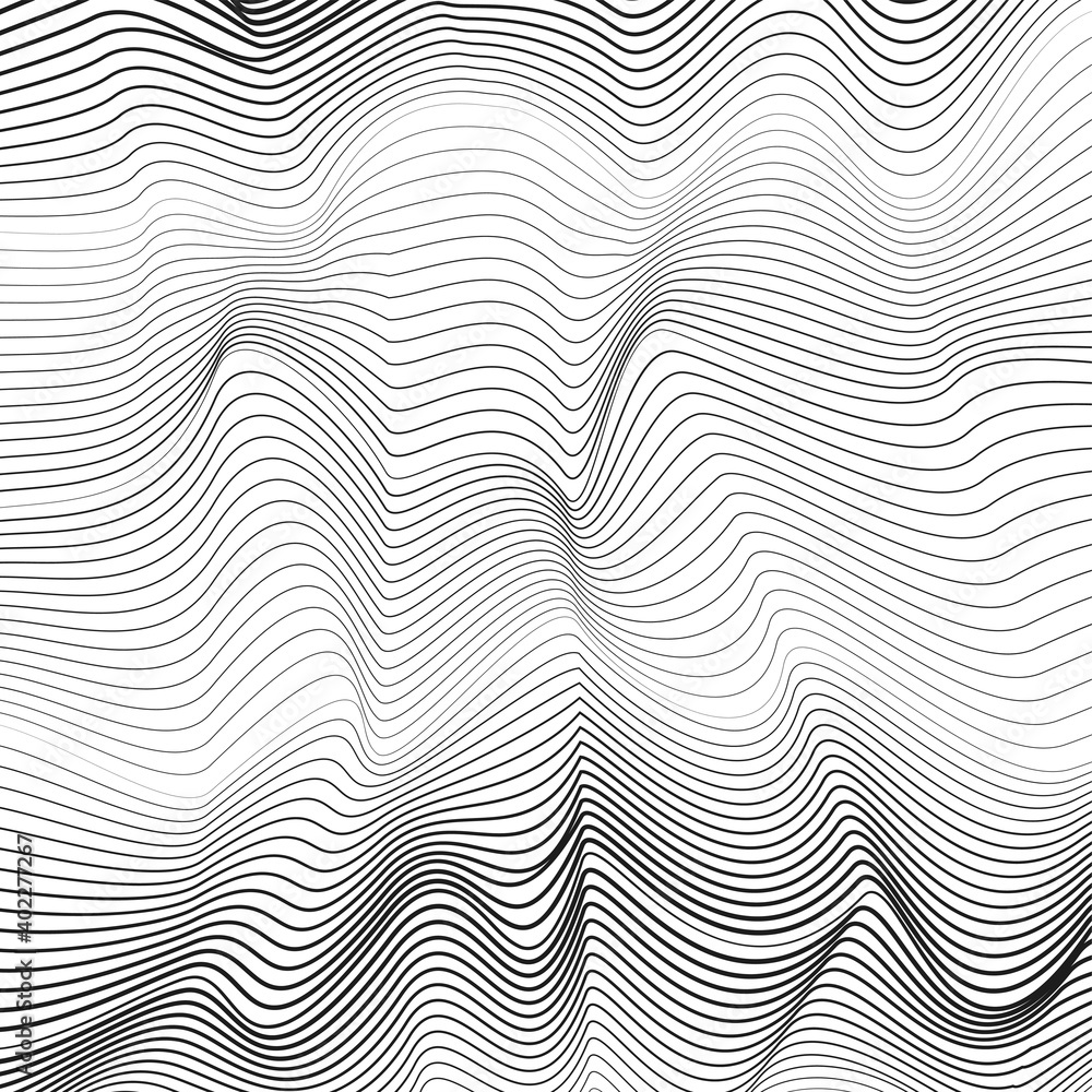 Black and white dynamic waves. Undulating subtle lines. Vector monochrome fluid pattern. Abstract op art design with gradient. Creative deformed curves. Techno modern background. EPS10 illustration Black and white dynamic waves. Undulating subtle lines. Vector monochrome fluid pattern. Abstract op art design with gradient. Creative deformed curves. Techno modern background. EPS10 illustration