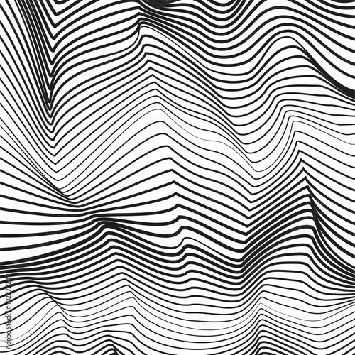 Black and white squiggly lines. Vector thin curves. Abstract techno pattern. Line art design. Concept of deformed surface. Optical illusion. Monochrome background. Modern graphic. EPS10 illustration