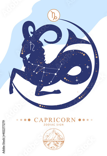 Modern magic witchcraft card with astrology Capricorn zodiac sign. Zodiac characteristic
